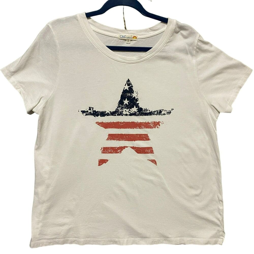 C&C California Women's 1X Patriotic American Flag Star White Cotton Crew T-Shirt